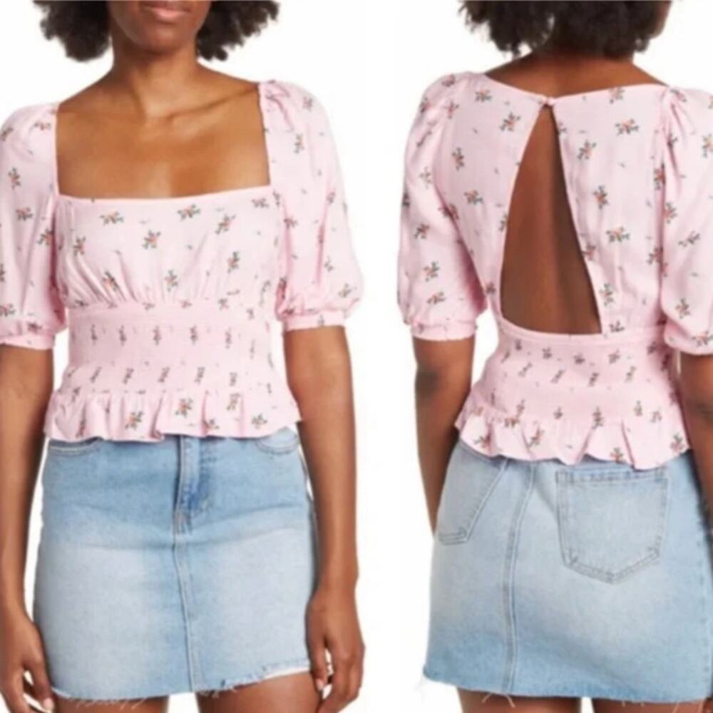 AFRM Womens S Haley Smocked Top in Pink Bouquet NEW
